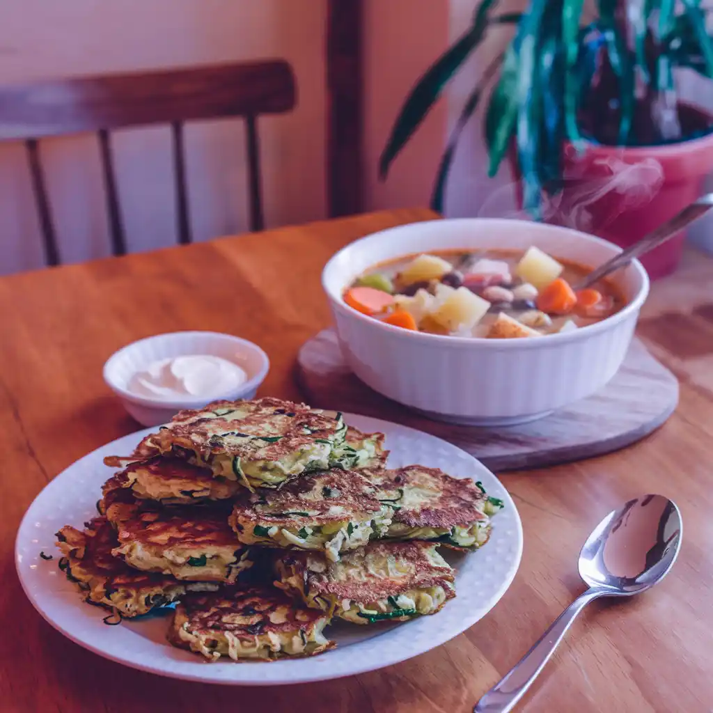 Crispy zucchini fritters served alongside a bowl of soup.