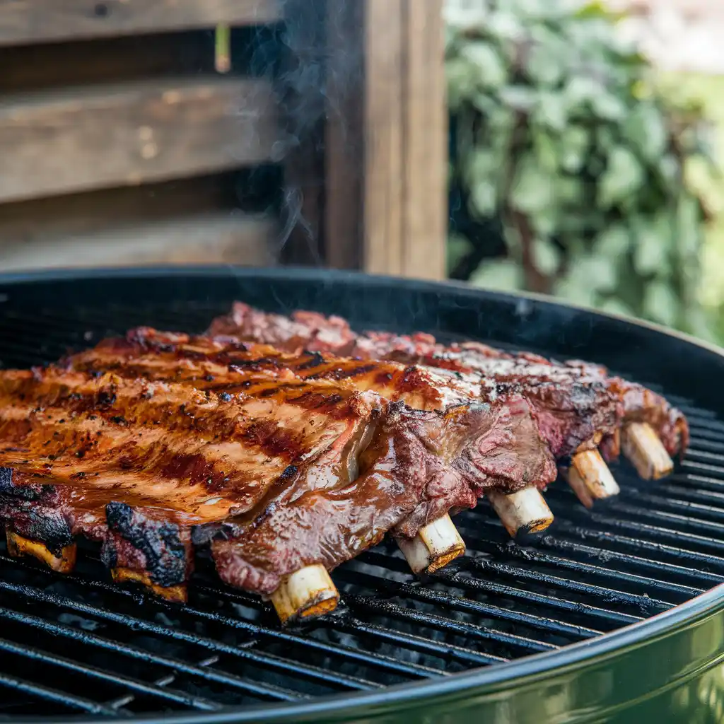 Juicy beef back ribs grilled to perfection, with smoke rising and a charred crust.