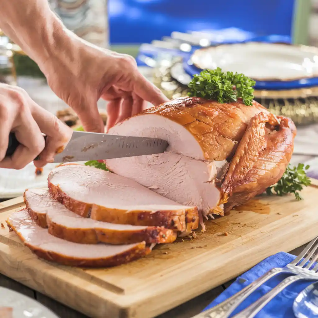 Carving turkey breast into slices on a serving platter.