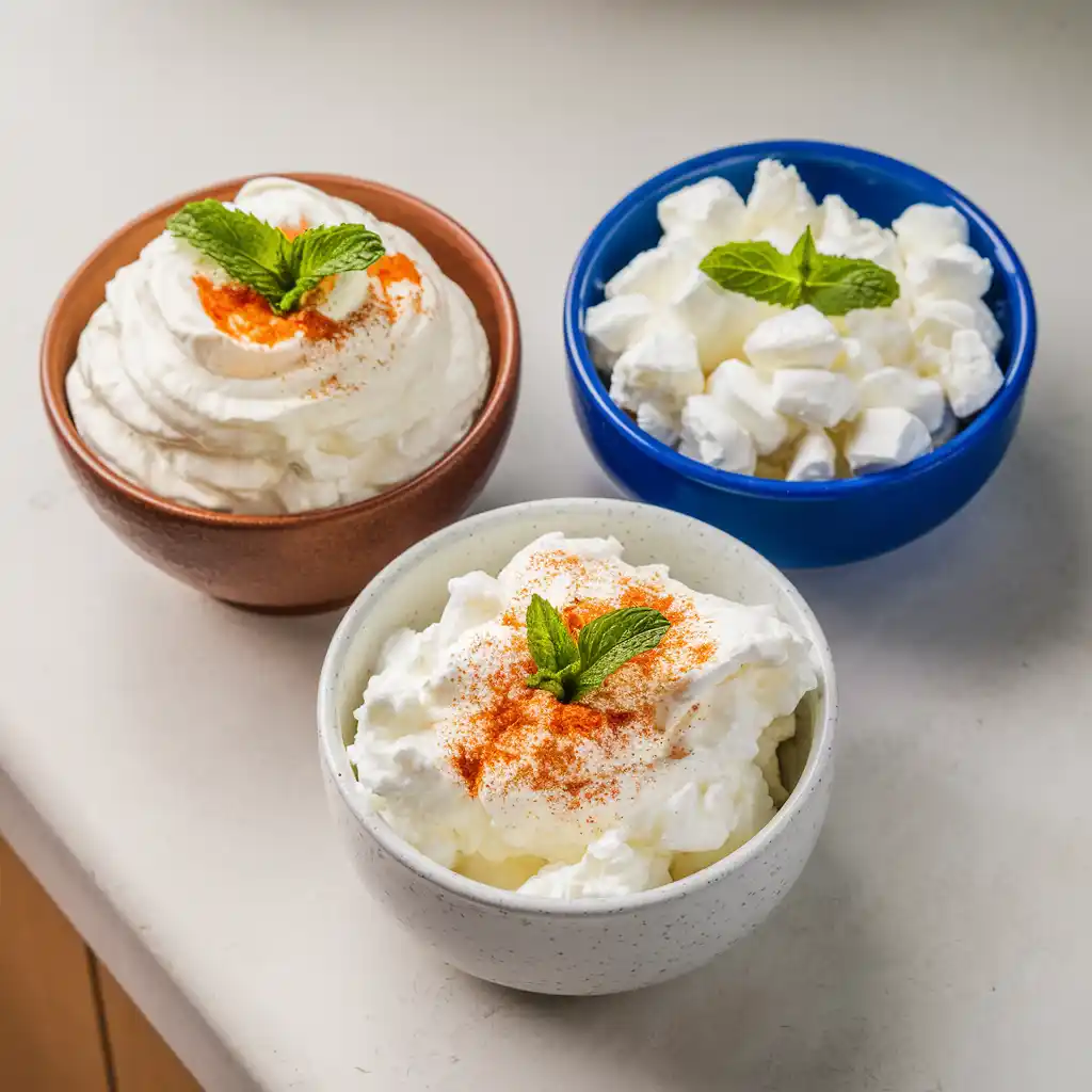 Different textures of cottage cheese displayed side-by-side in bowls.