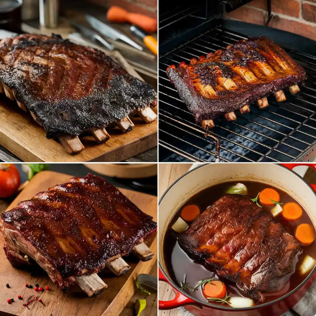 A set of cooking methods for beef back ribs: grilling, smoking, and braising, presented in a collage.