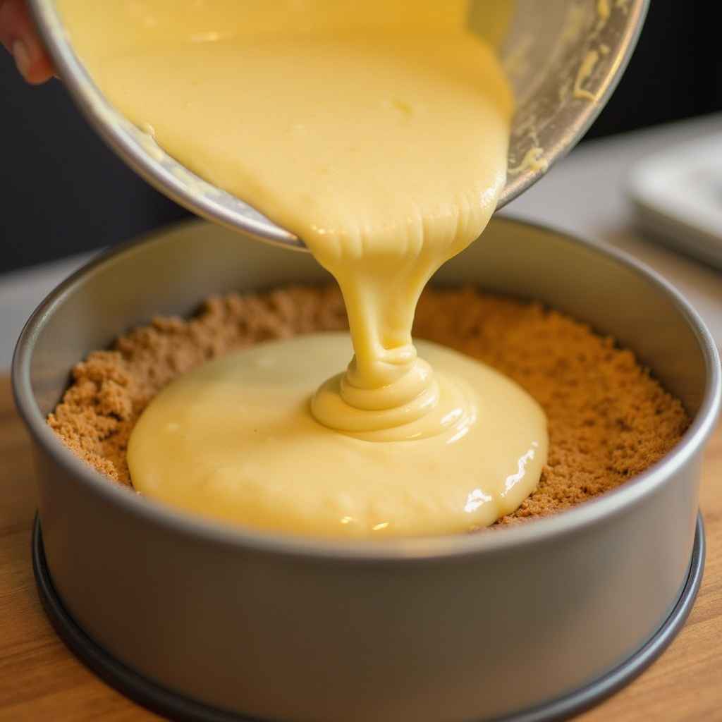 Cheesecake batter being poured into a springform pan with a cookie crust.