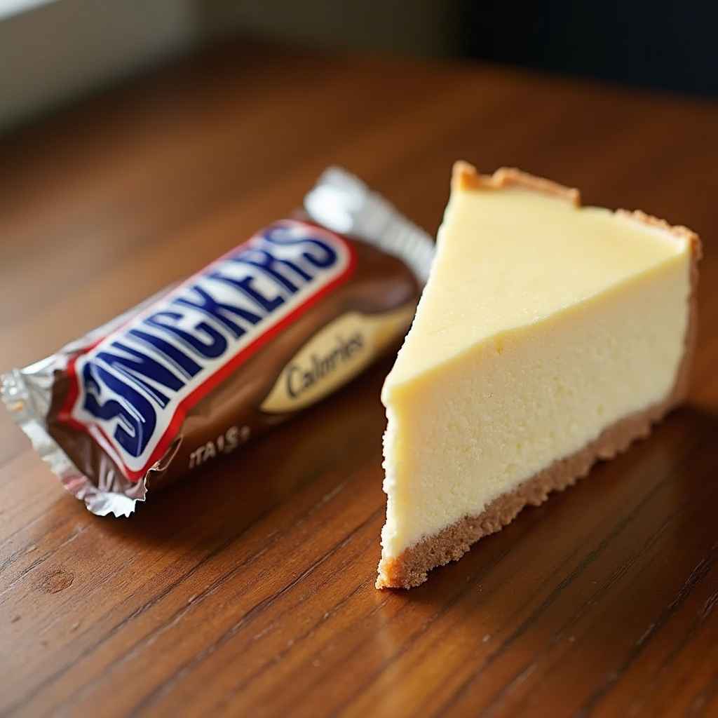A Snickers bar and a slice of Snickers cheesecake side by side.