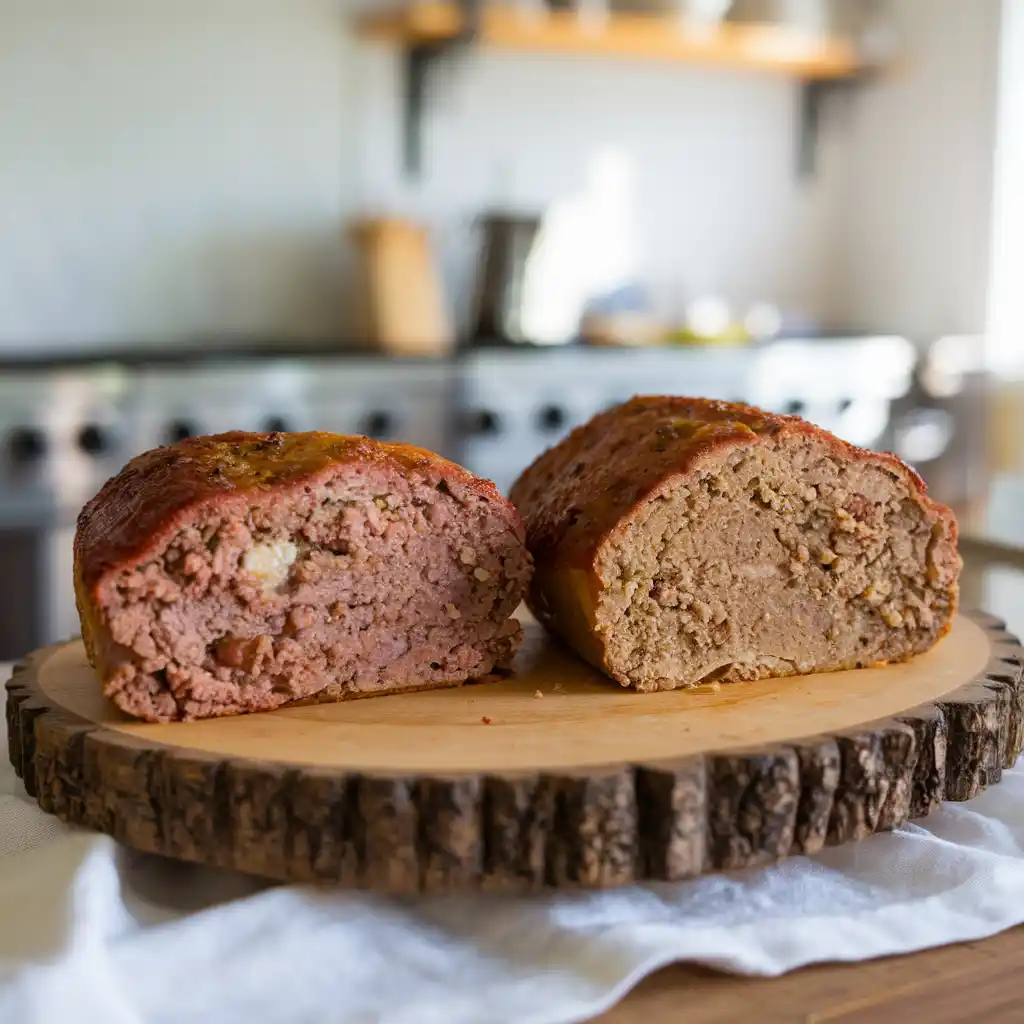 Side-by-side comparison of meatloaf made with water and milk.