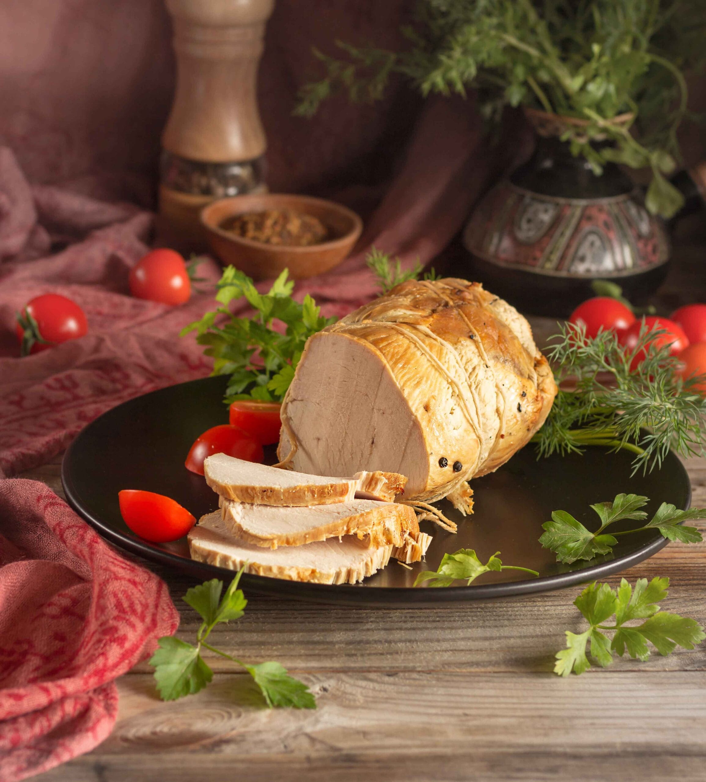 Juicy smoked turkey breast sliced and served on a wooden platter with garnish