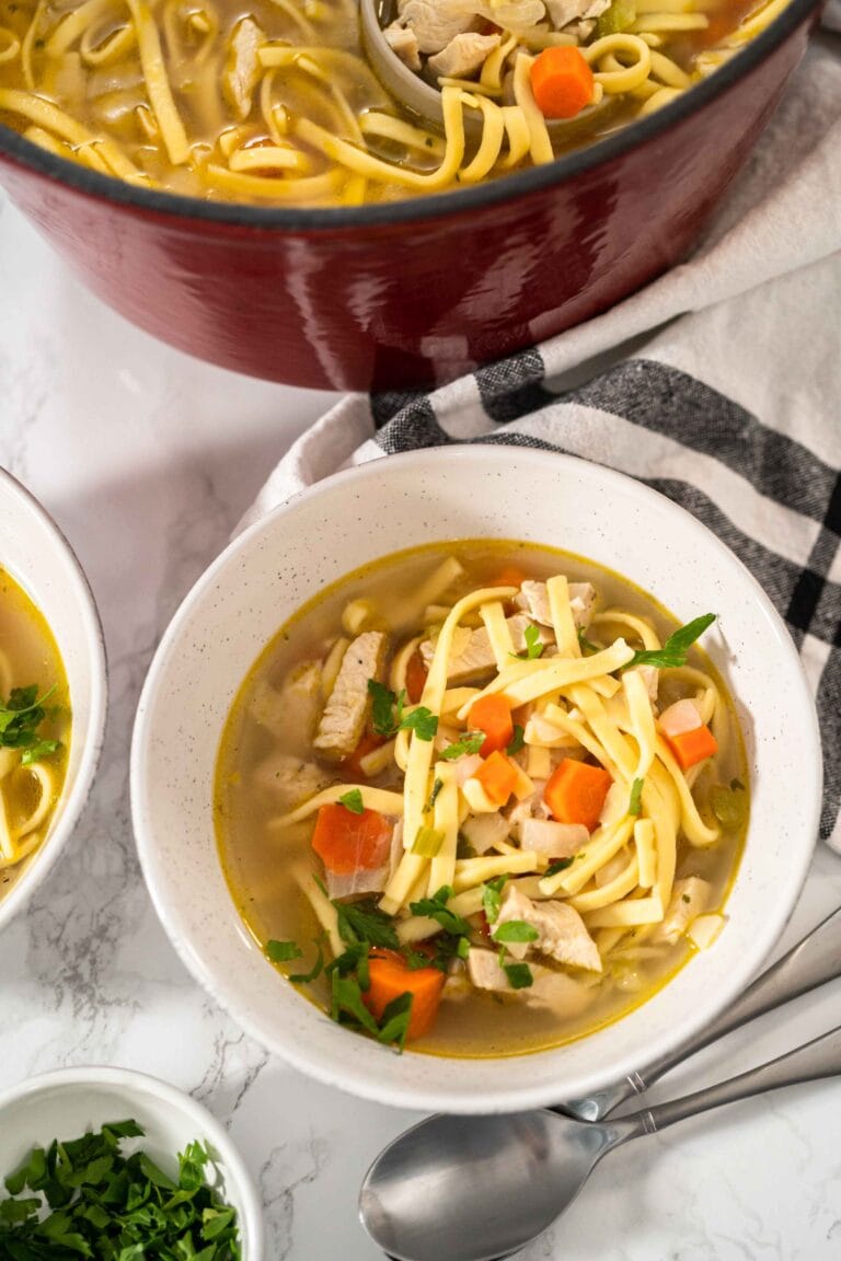 A comforting bowl of homemade turkey soup surrounded by fresh herbs and vegetables