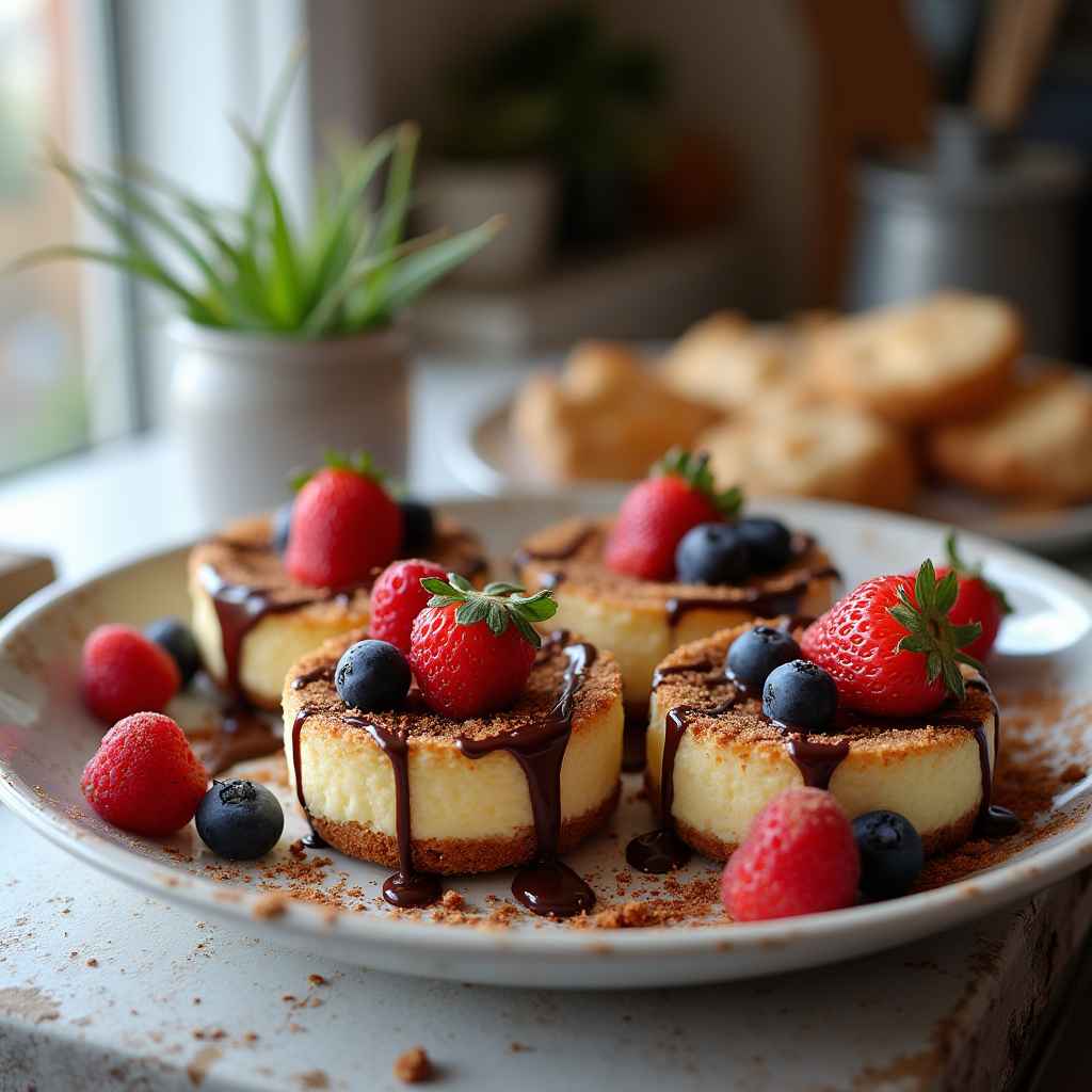 Mini churro cheesecakes topped with chocolate drizzle and berries