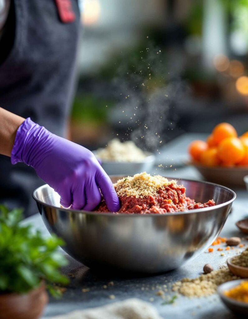 Mixing the meatloaf ingredients in a bowl