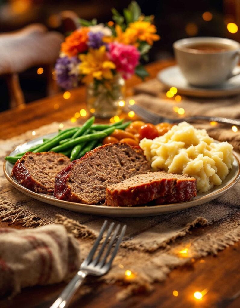 Meatloaf served with mashed potatoes and vegetables on a dinner plate.