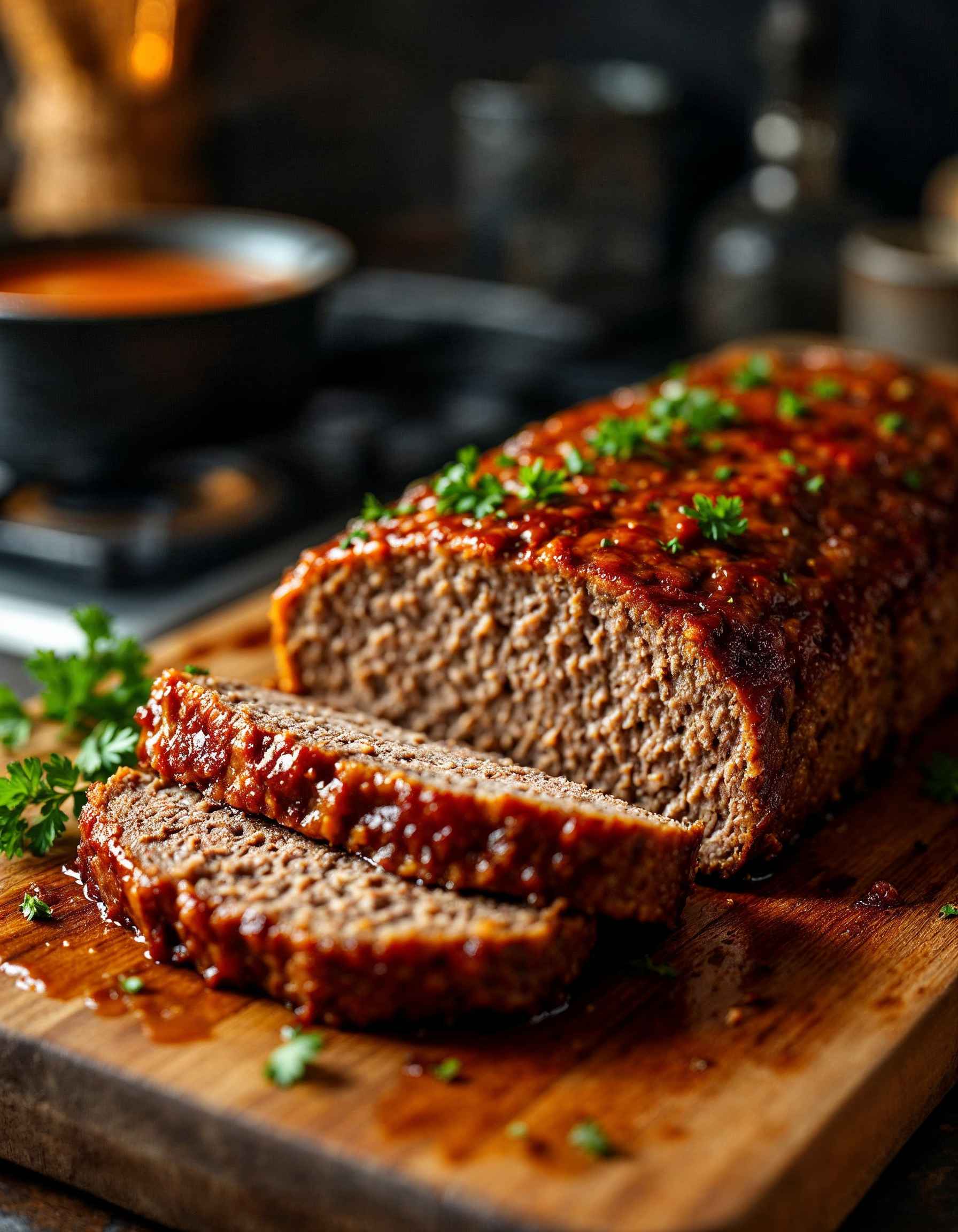 A perfectly glazed meatloaf sliced to reveal a moist and tender interior