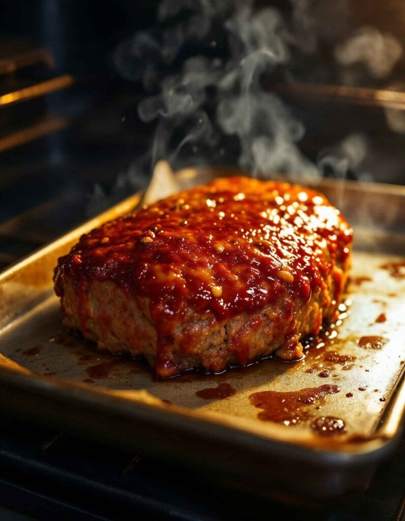 A meatloaf baking in the oven with a shiny glaze on top