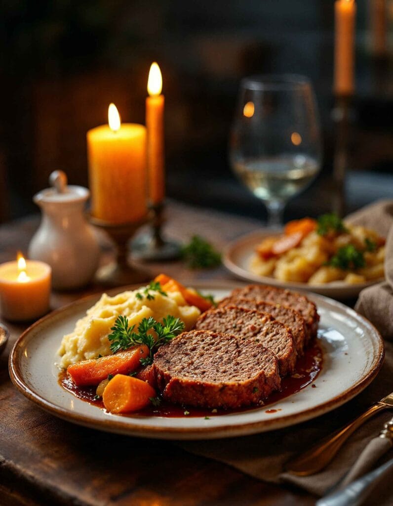 Sliced meatloaf served on a platter with mashed potatoes and vegetables