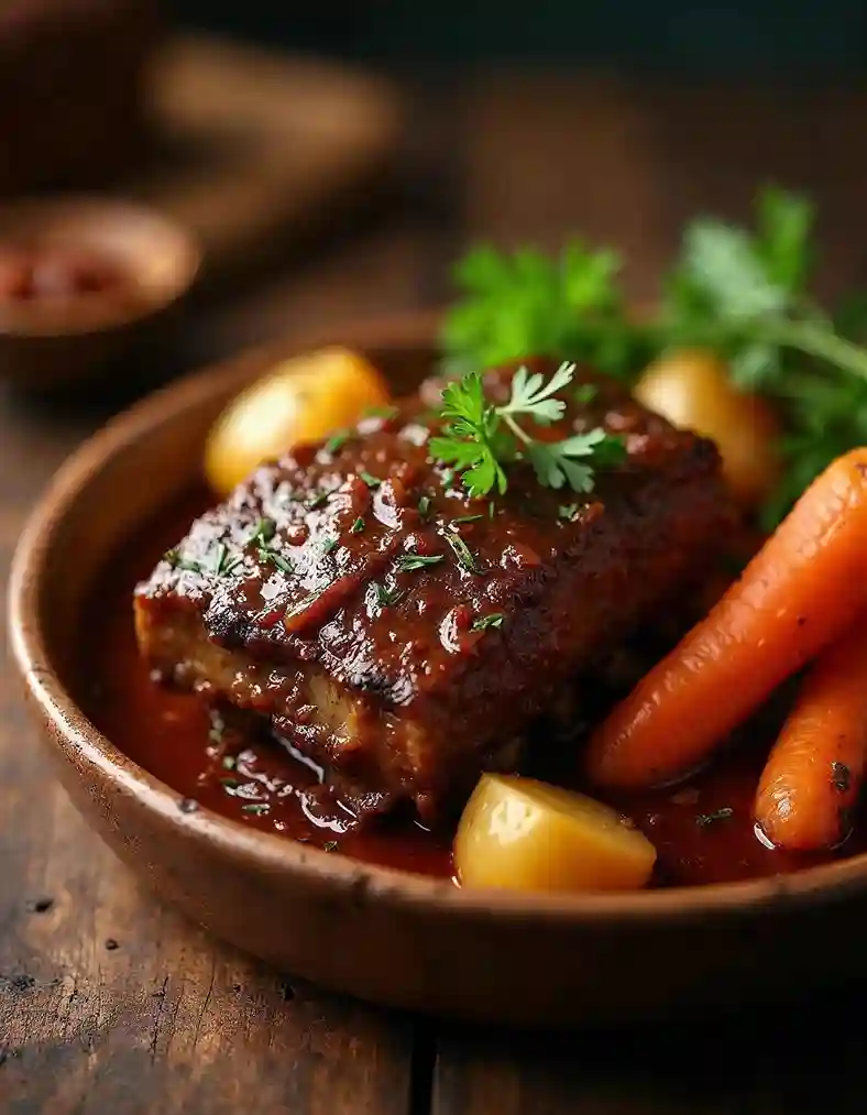 Braised beef ribs served in a bowl with vegetables