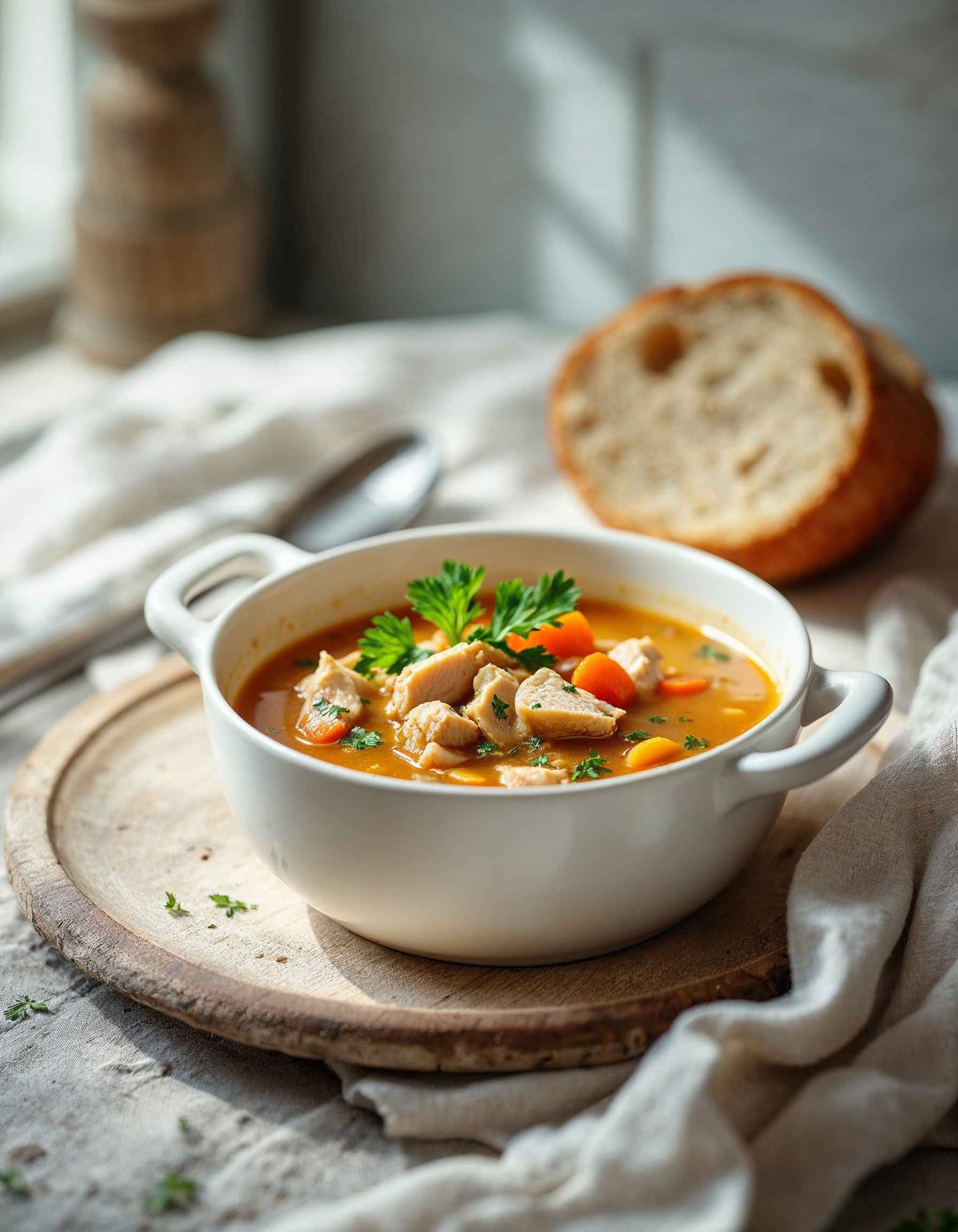 A steaming bowl of turkey soup garnished with fresh parsley.