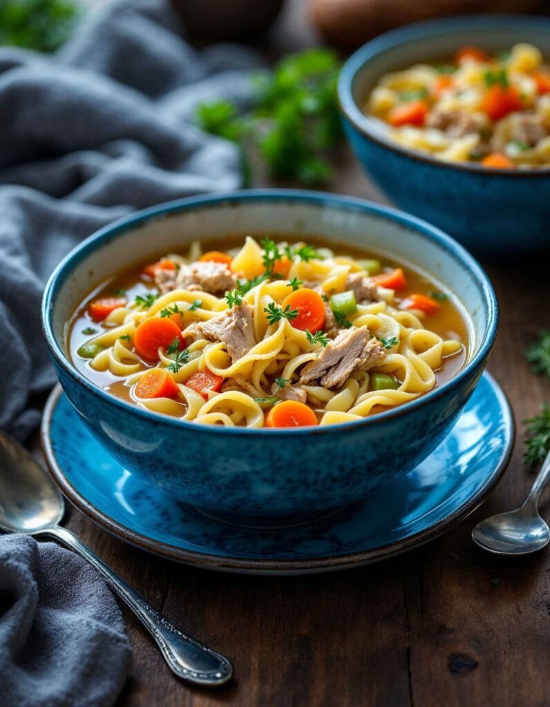 A bowl of turkey noodle soup with egg noodles and fresh herbs.
