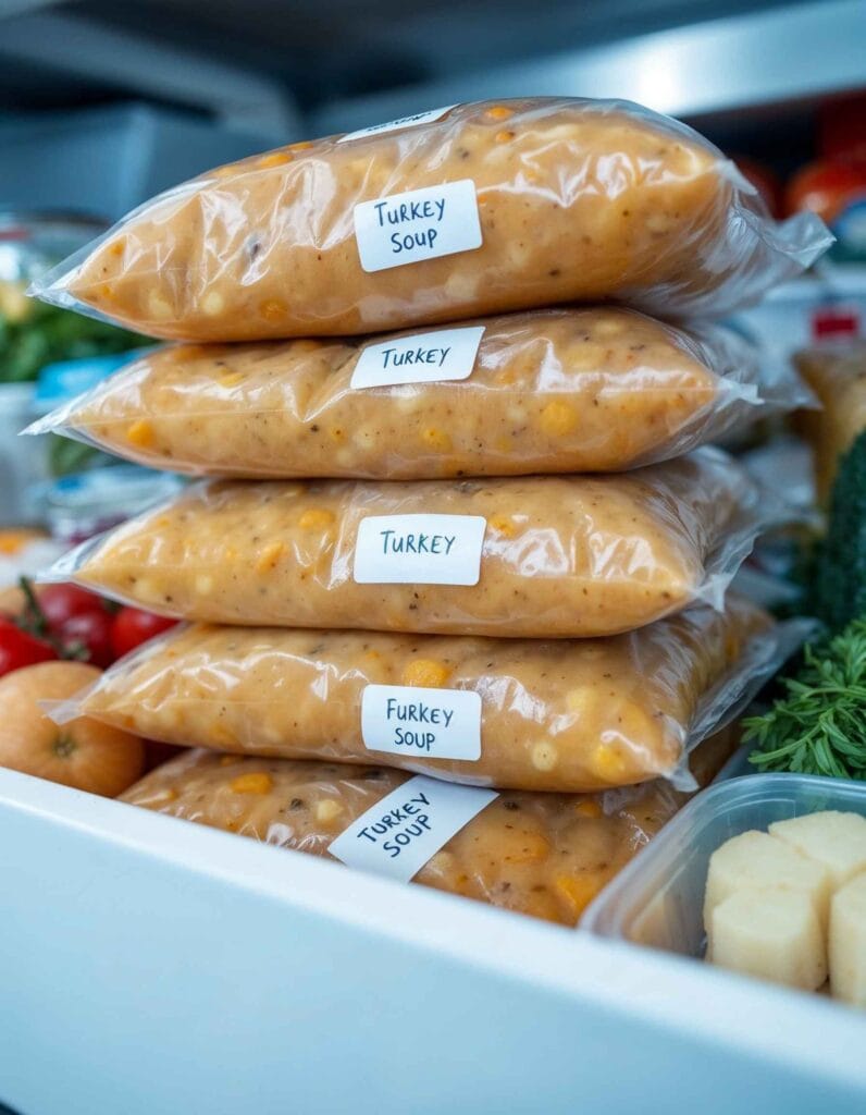 Frozen turkey soup portions in labeled freezer bags.