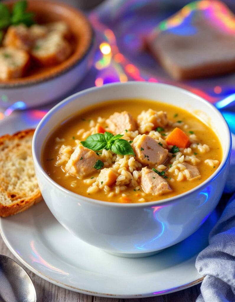 A creamy turkey and rice soup garnished with fresh herbs in a white bowl.