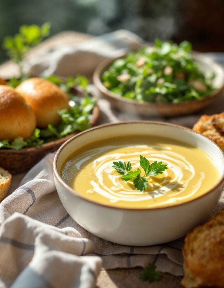 A bowl of soup with various side dishes like bread, salad, and pastries arranged around it.