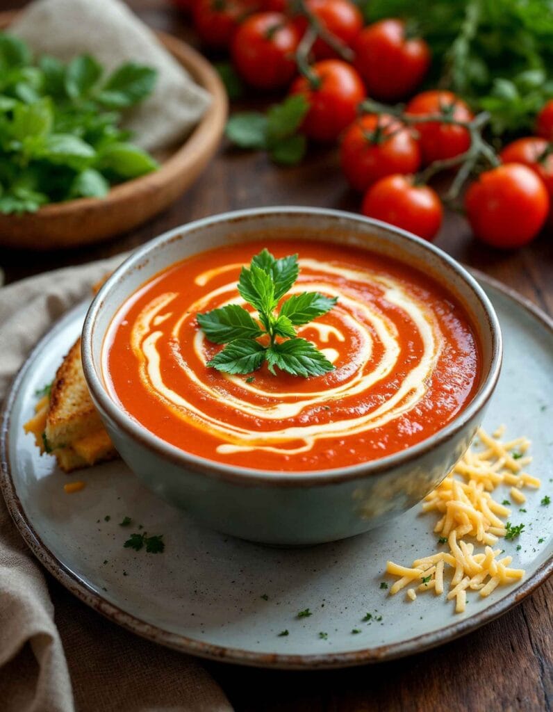 A grilled cheese sandwich with a bowl of tomato soup.
