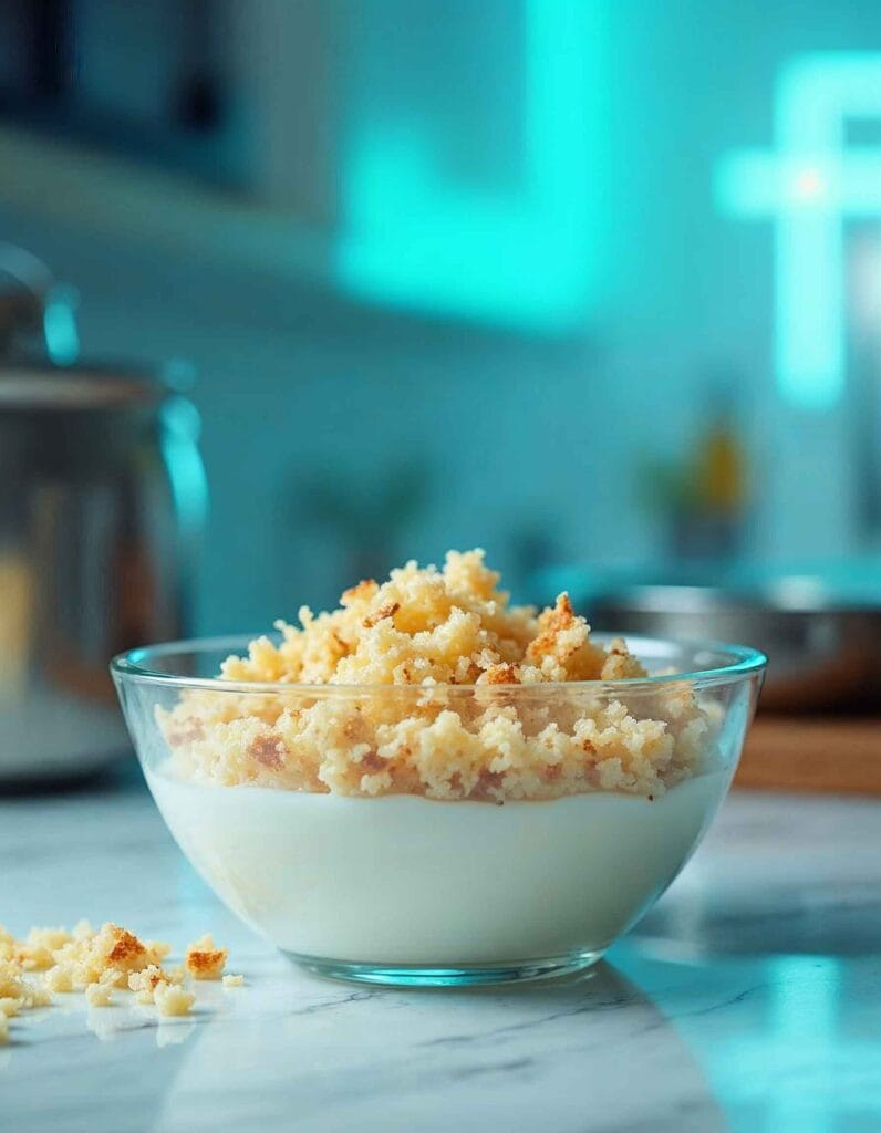 Breadcrumbs soaking in milk in a clear bowl.