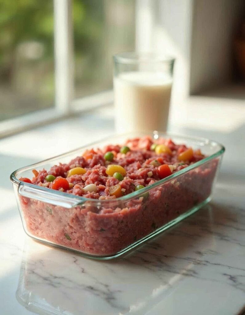 A glass of milk next to a loaf pan filled with meatloaf mix.