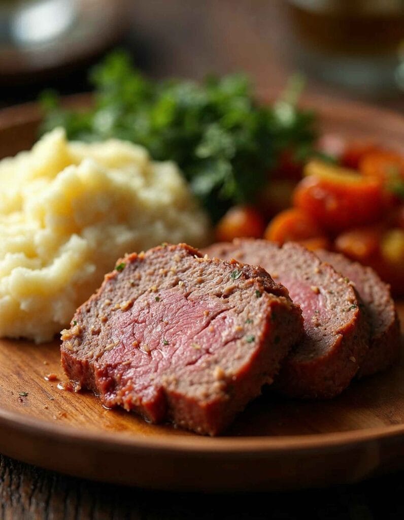 Meatloaf sliced open to reveal a tender, juicy interior.