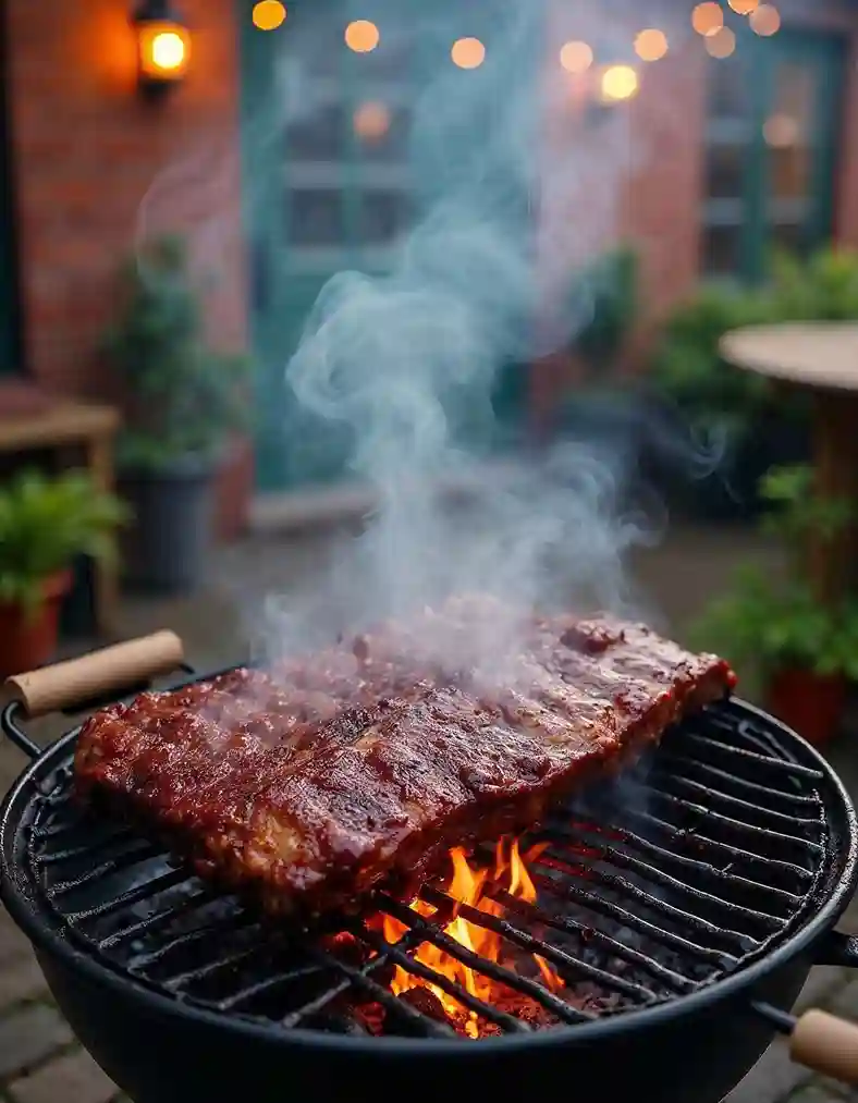 Beef back ribs marinated and placed on a grill