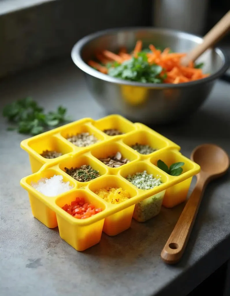 Ice cube trays filled with freshly prepared fish food