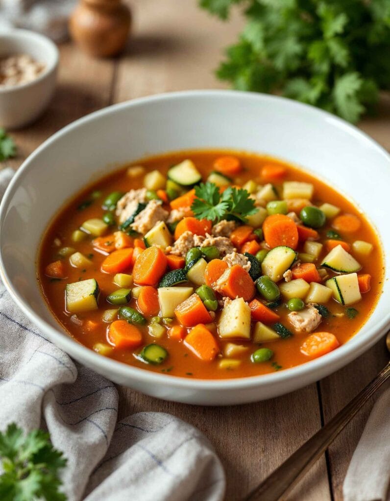 A colorful bowl of turkey and vegetable soup with zucchini, carrots, and green beans.