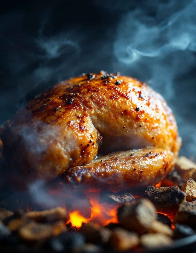 A turkey breast placed inside a smoker with visible smoke.