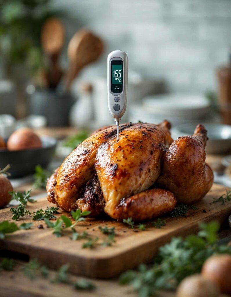 Meat thermometer checking turkey temperature