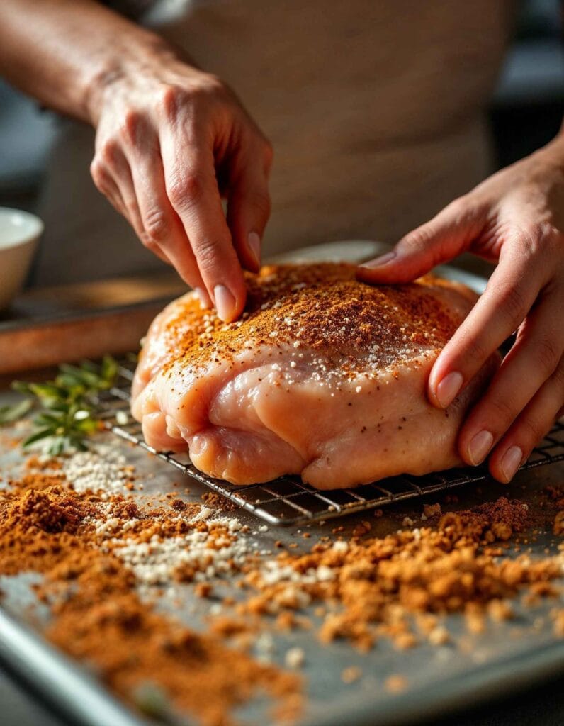 Hands preparing a dry rub and applying it evenly onto a turkey breast placed on a wire rack.