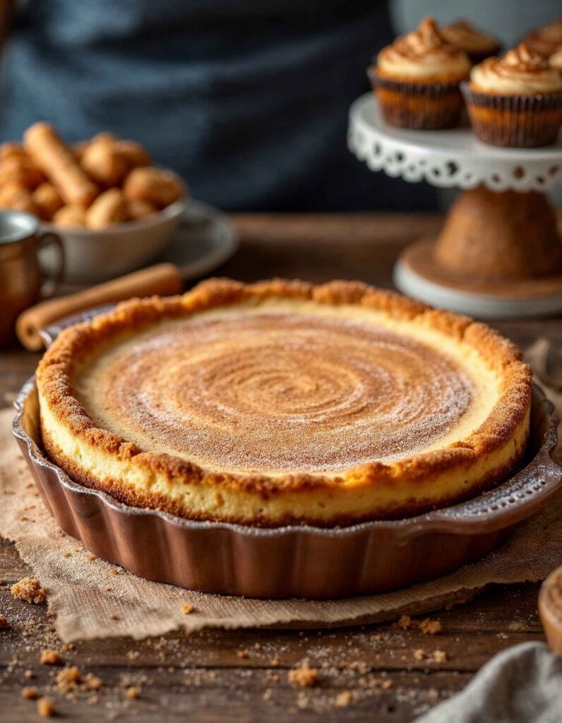 Assembled churro cheesecake before baking, topped with cinnamon-sugar