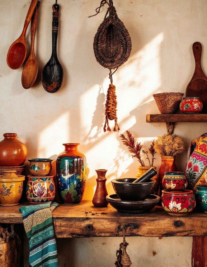 A molcajete stored on a shelf with other traditional kitchen tools.