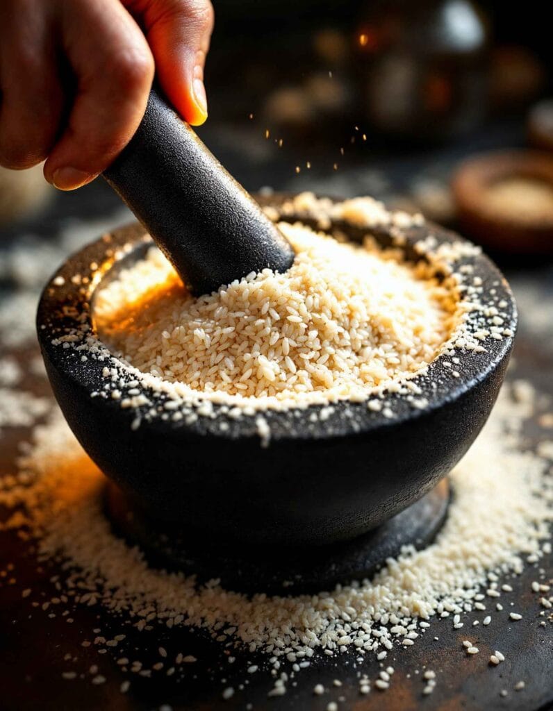 A hand grinding dry rice in a molcajete with a tejolote.