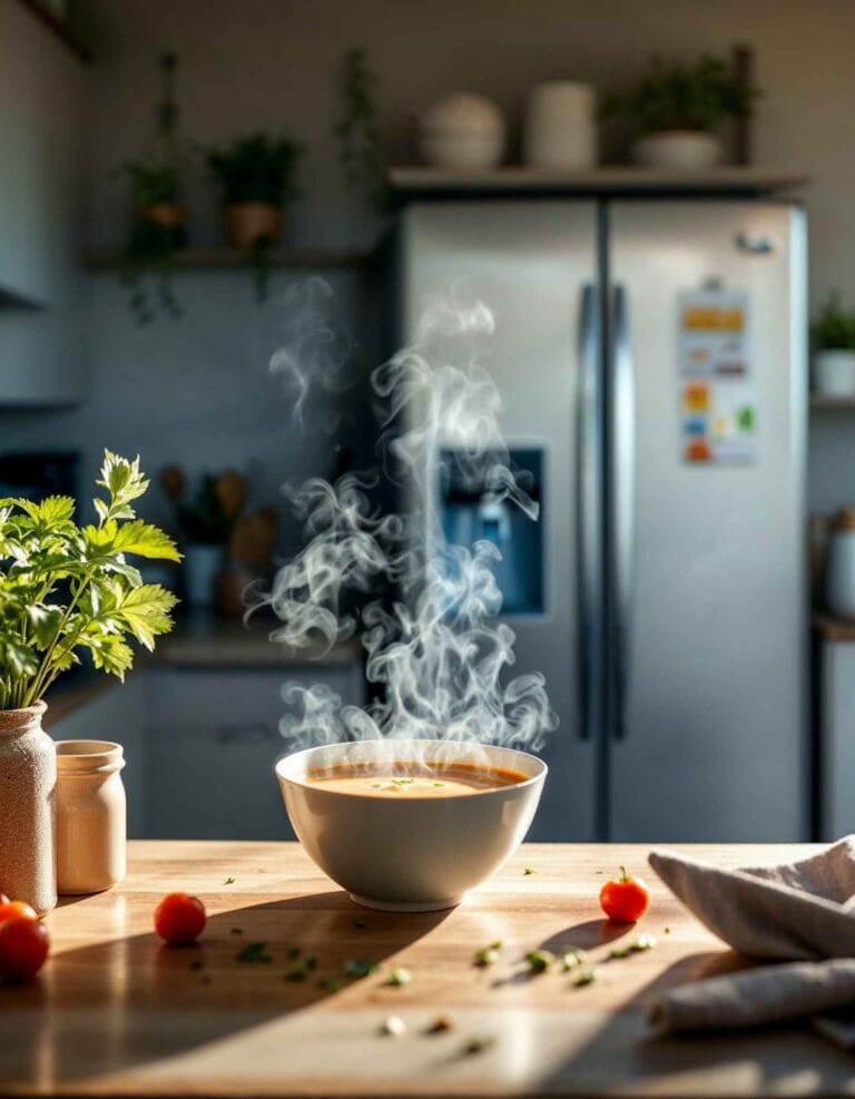 A bowl of soup with a refrigerator in the background.