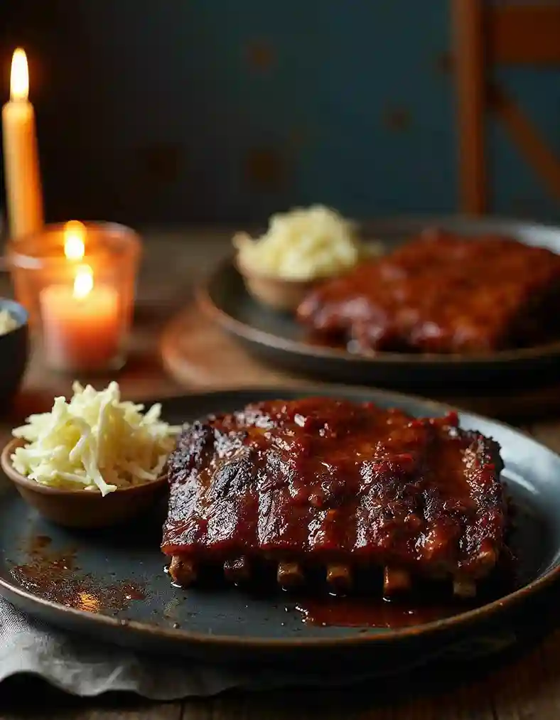 Close-up comparison of cooked beef ribs and beef back ribs on plates.