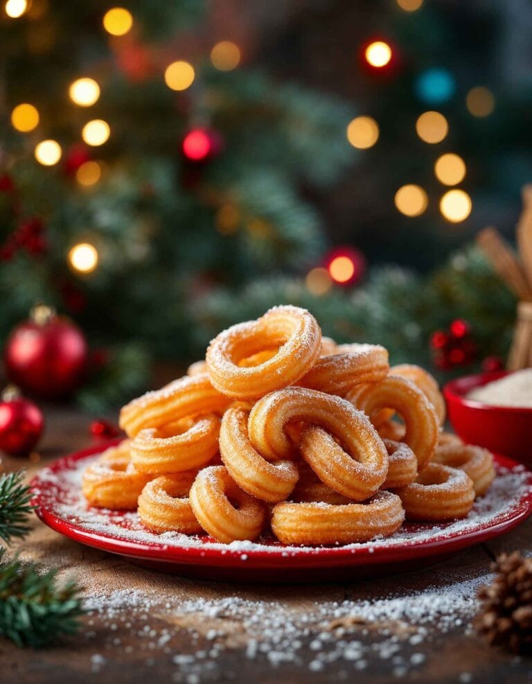 A stack of freshly fried churros dusted with cinnamon sugar.