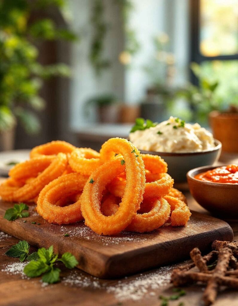 A display of savory churros with cheese dip and spicy aioli.