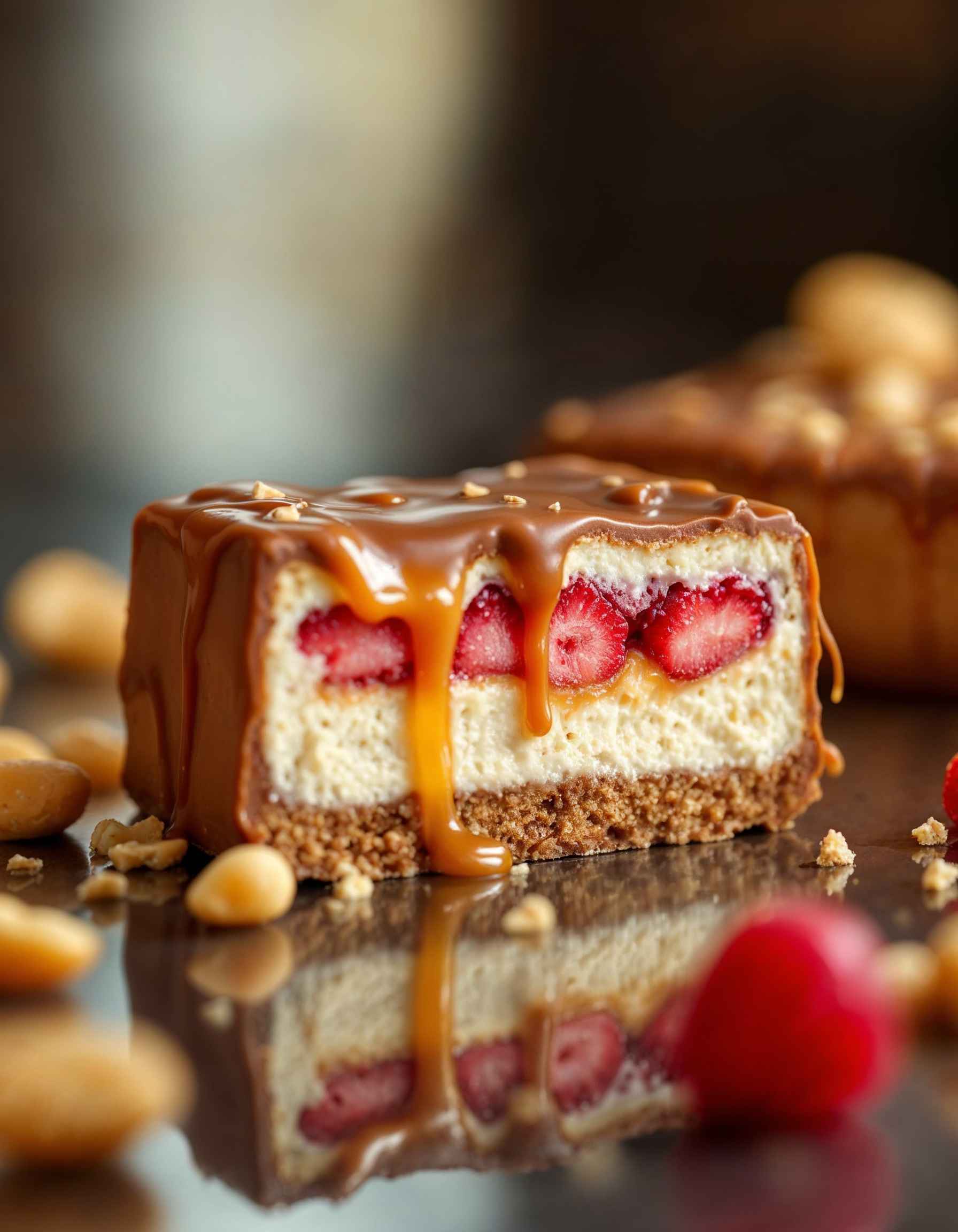 A vibrant depiction of a Strawberry Cheesecake Snickers-inspired dessert.