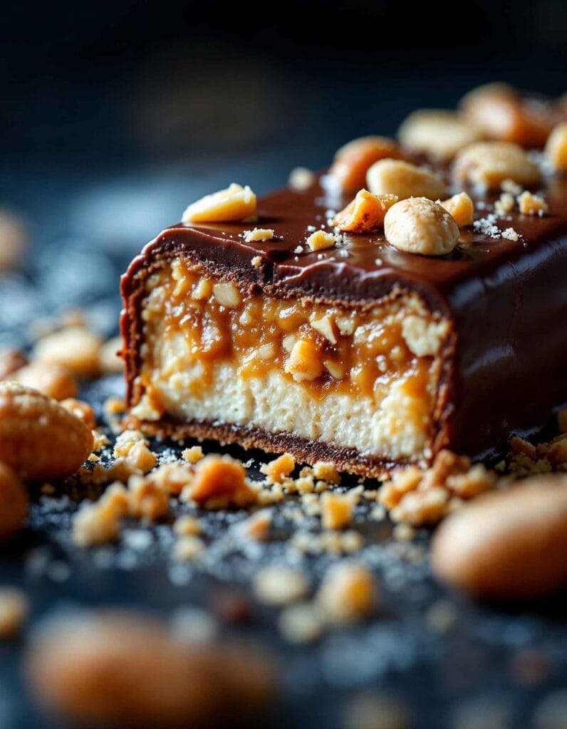 Classic Snickers bars with ingredients.