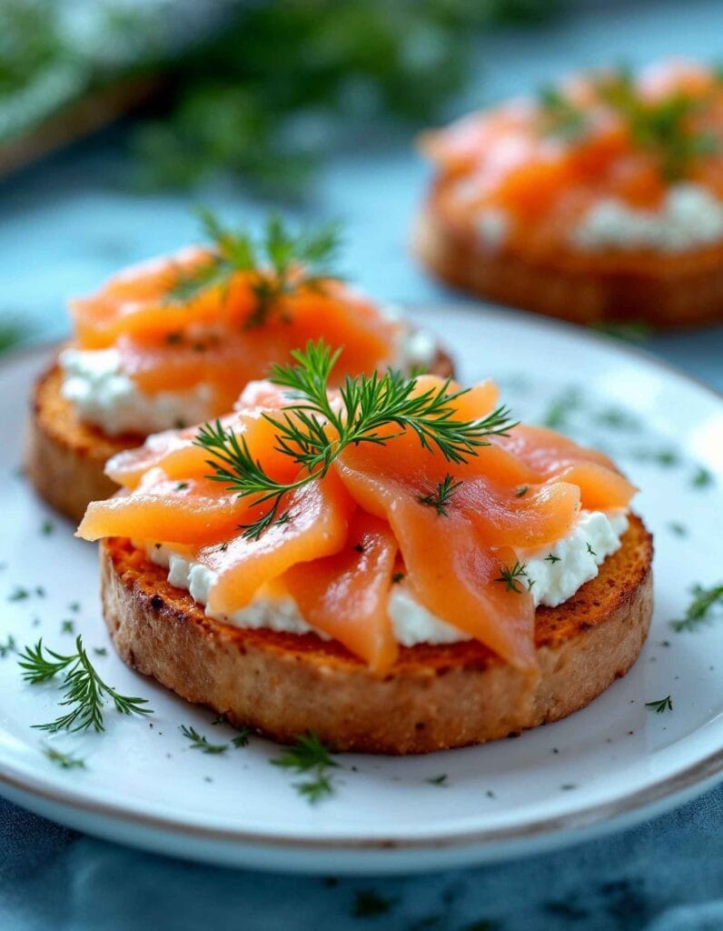 Cottage cheese served on sweet potato toast with smoked salmon and dill.