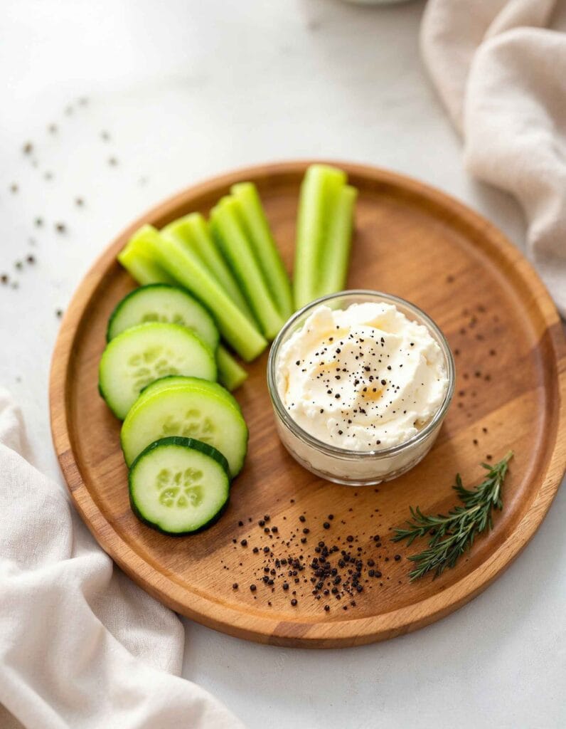 Cottage cheese served with cucumber slices and celery sticks.