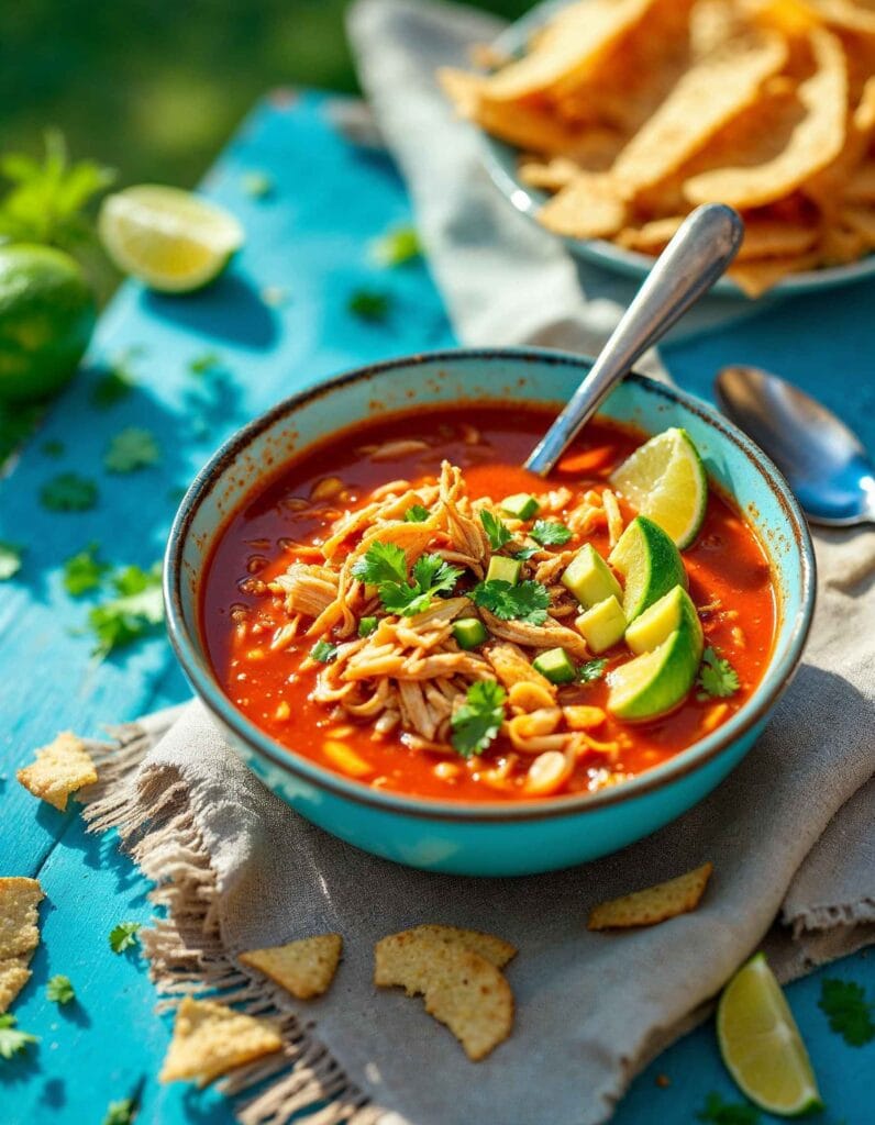 A bowl of spicy turkey tortilla soup topped with tortilla strips, avocado, and cilantro.
