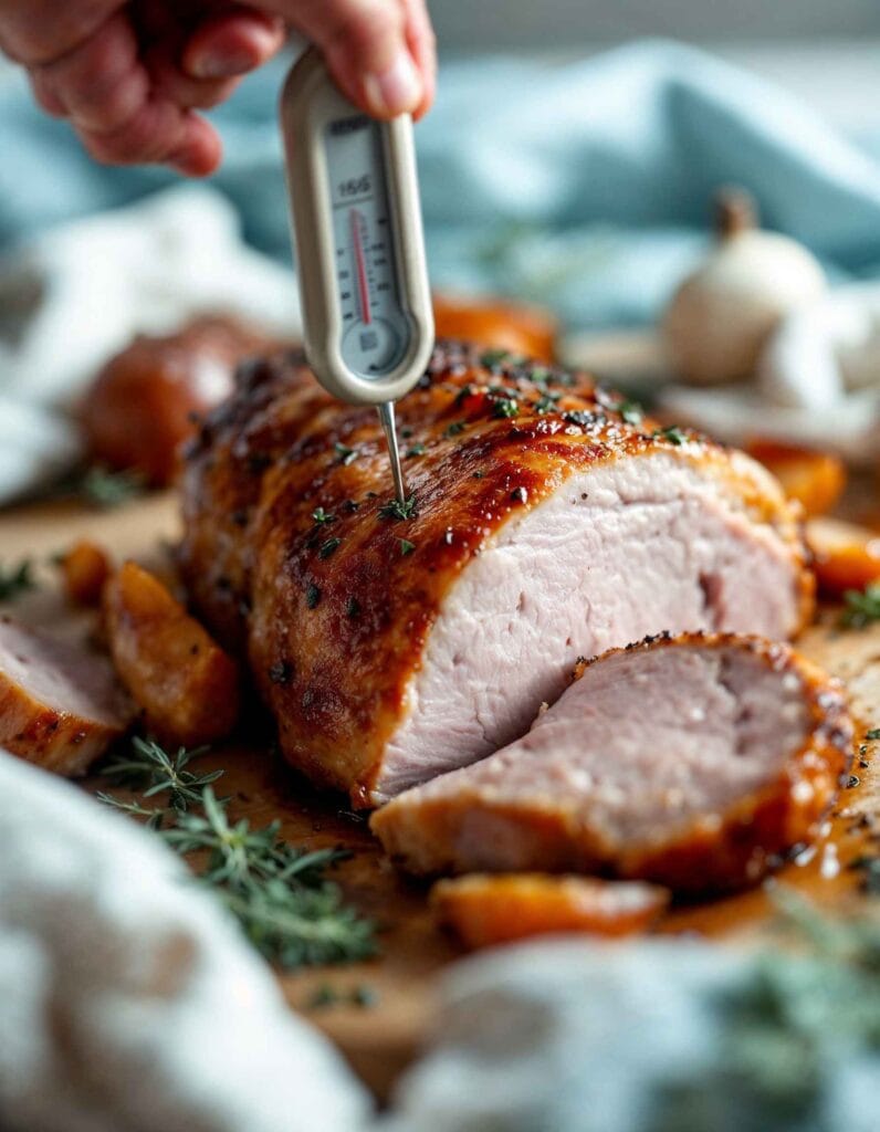 A meat thermometer inserted into the turkey breast showing a temperature reading.