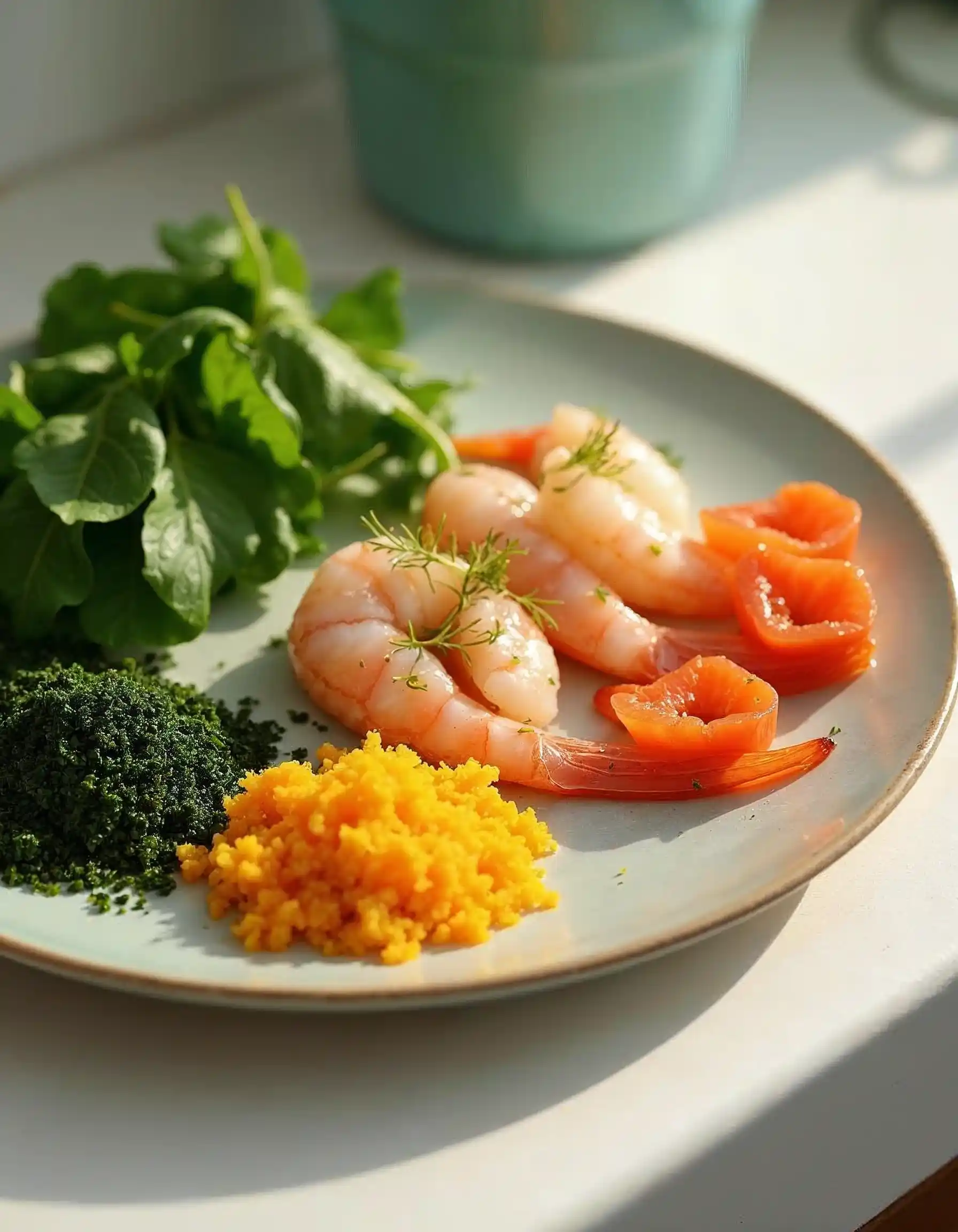 A variety of homemade fish food options arranged on a kitchen counter.