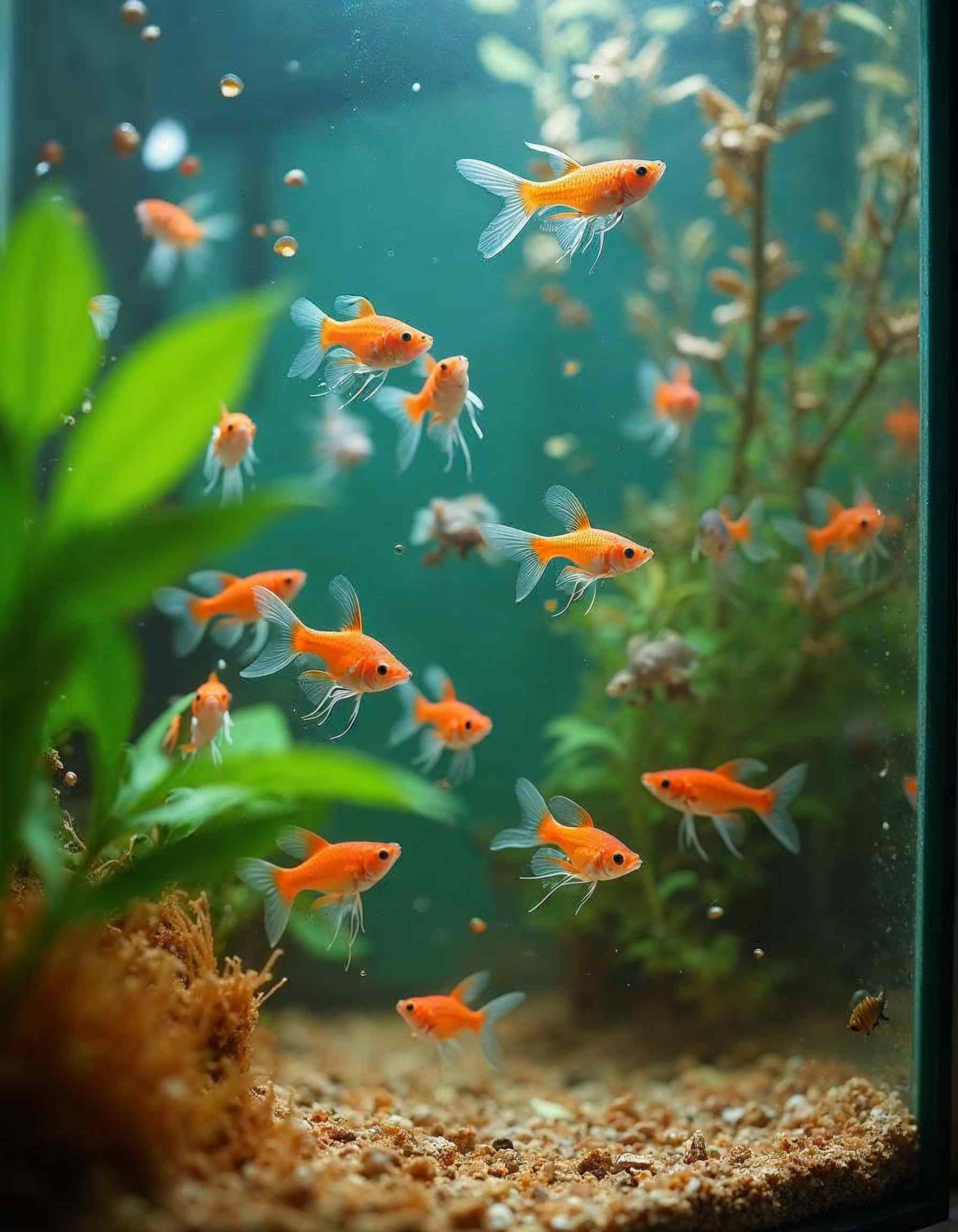 Fish eating live food in an aquarium.