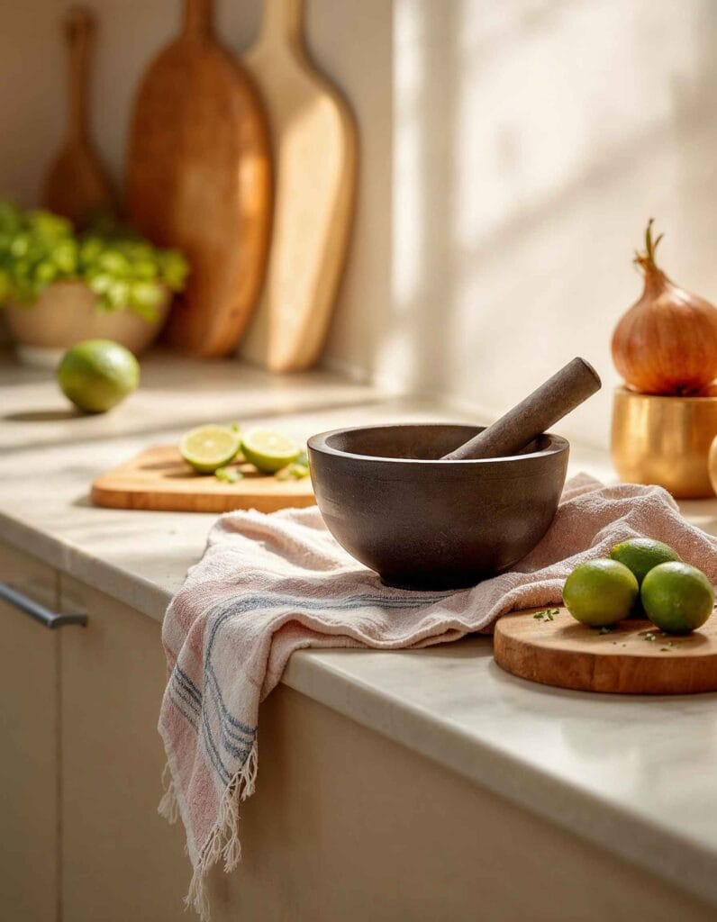 A molcajete drying on a towel in a kitchen.