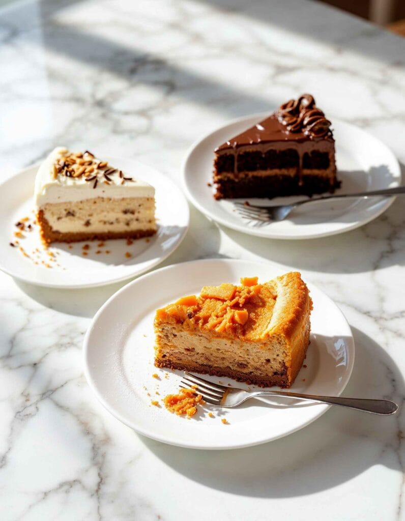 Various desserts displayed, including cheesecake, chocolate cake, and carrot cake.