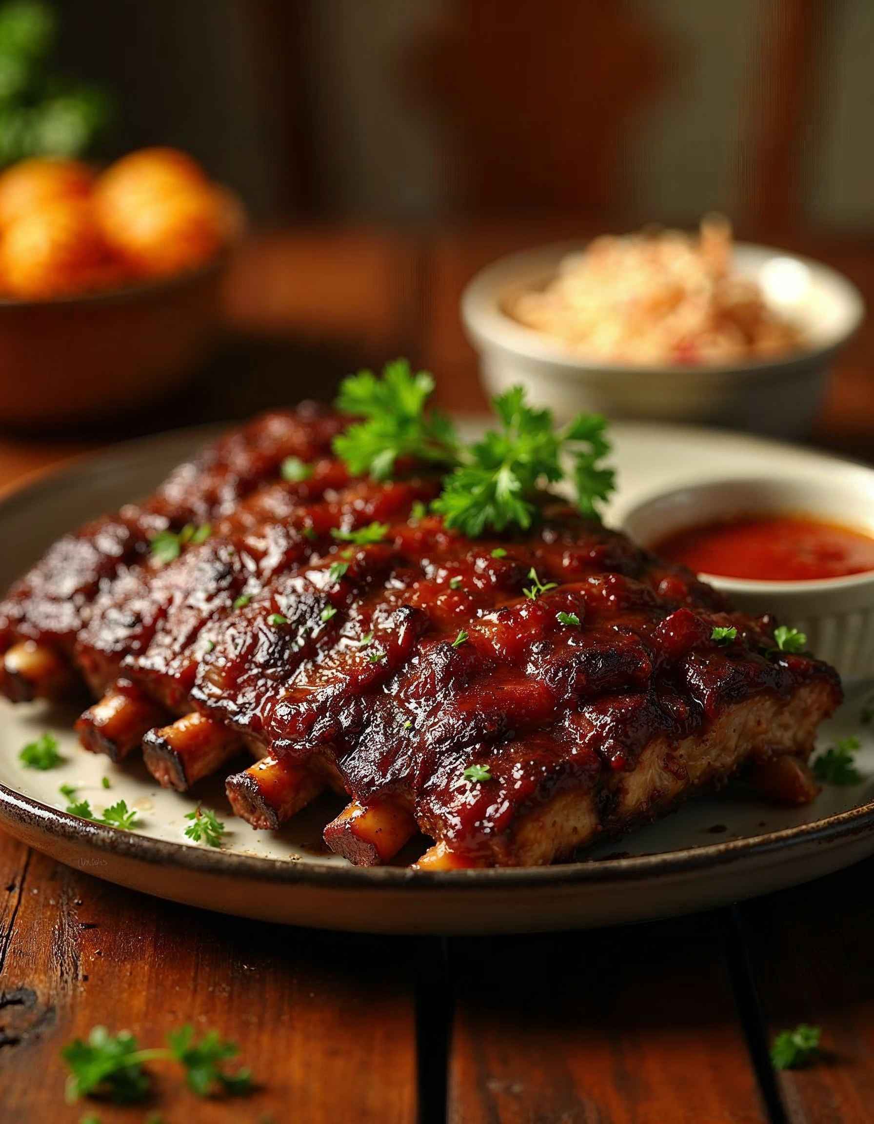 A plate of perfectly cooked beef back ribs garnished with fresh herbs.